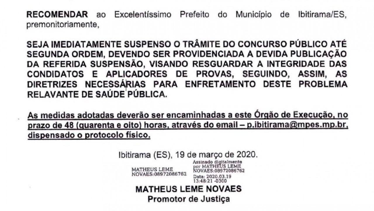 Ministério Público do ES emite Nota Recomendatória para suspender concurso público de Ibitirama